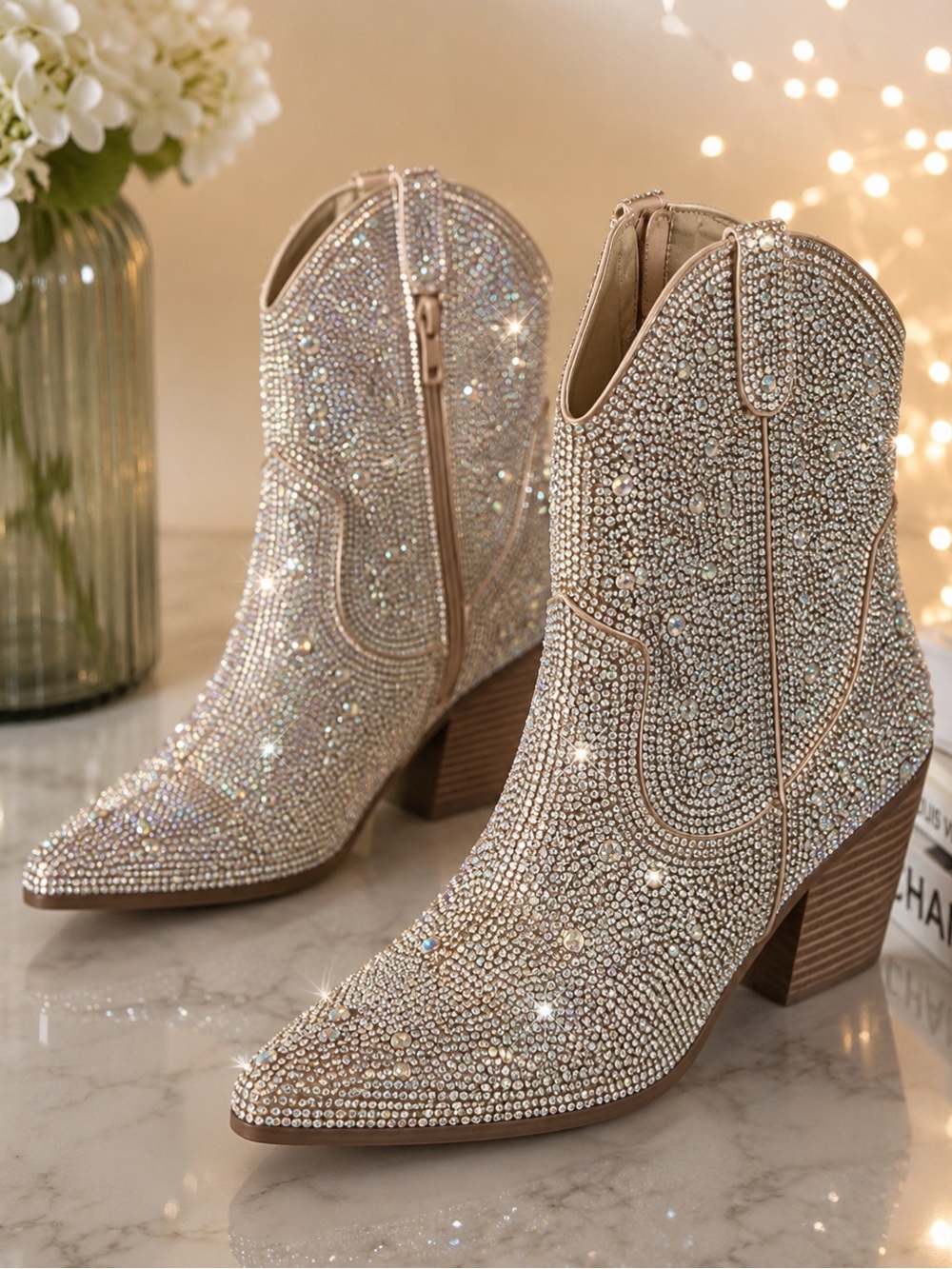 Matisse Crystal-Embellished Ankle Booties in Champagne